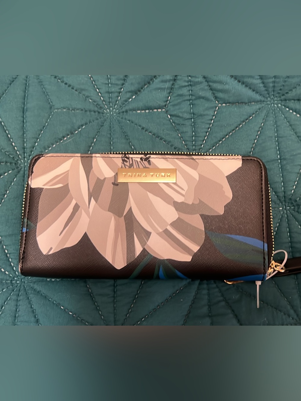Trina Turk Teal, Black and Cream Floral Zip Accent Wallet